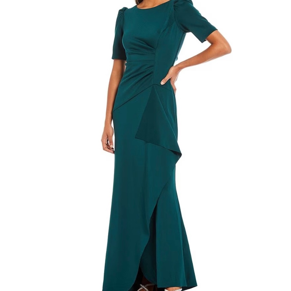 Xscape Round Neck Puff Shoulder Ruffle Front Ruched Tulip Hem Scuba Crepe Gown